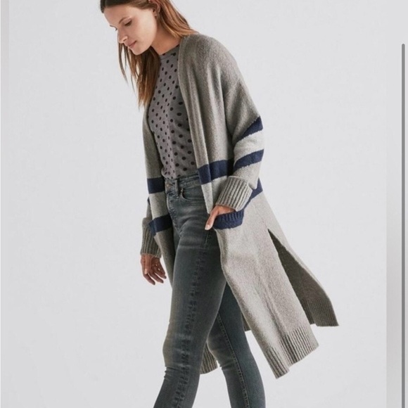 Lucky Brand Gray Cardigan with Navy and White Stripes - Picture 3 of 6